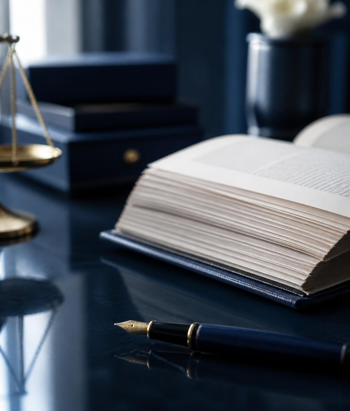 Law text and fountain pen on a navy desk